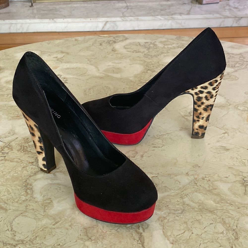 Call It Spring Platform Heels Red Black & Leopard Print - Picture 2 of 15